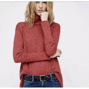 Free People Orange Sienna Split Back Turtleneck Long Sleeve Top Size Medium